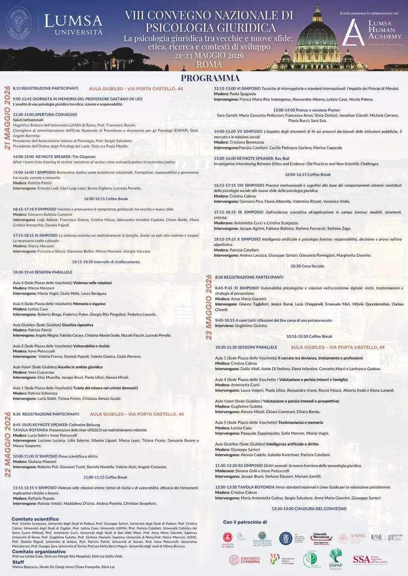 Programma dell'VIII Convegno Nazionale di Psicologia Giuridica, 21–23 maggio 2026, Roma.